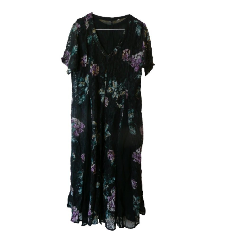 Women's Bohemian Style Crinkle Maxi Short Sleeve Dress Black Floral Goth Fairy